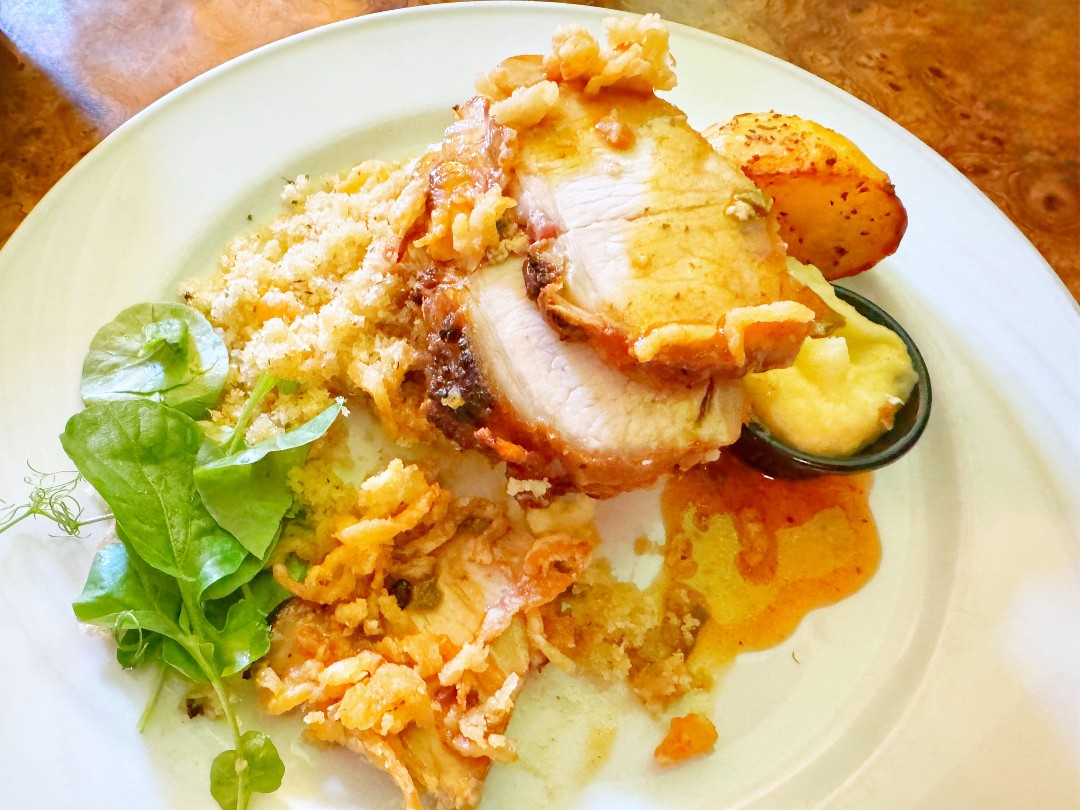 Crispy Pork, Creamy Polenta & Summer Swiss Chard 21+